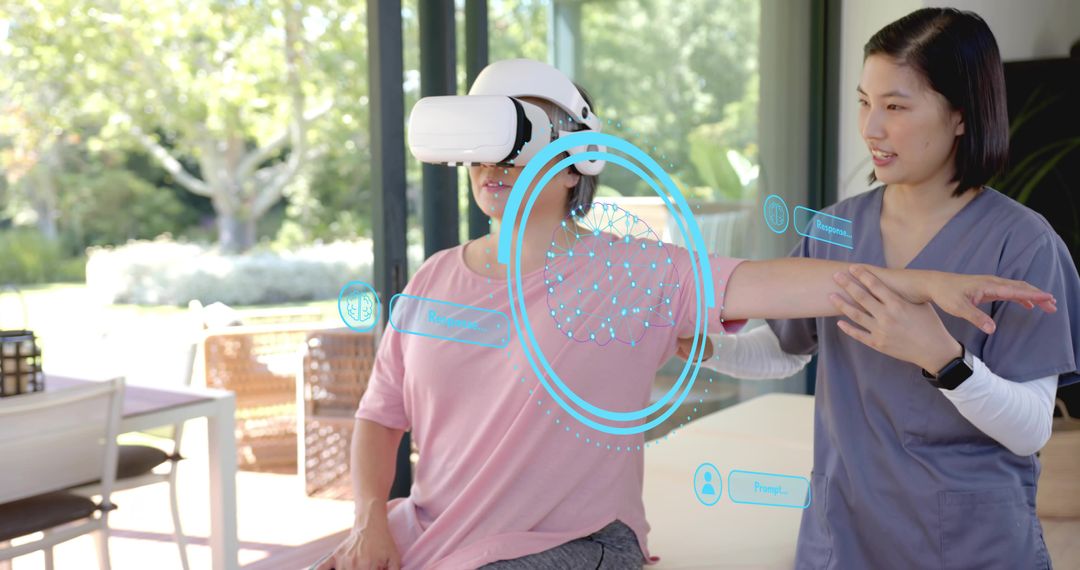Therapist Guiding Patient Wearing VR Headset During Arm Rehabilitation with AR Interface