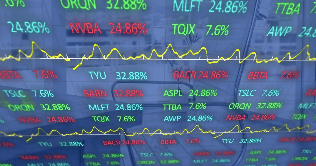 Digital Stock Market Display with Graphs and Data Overlay