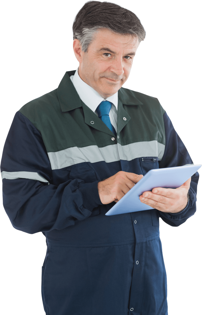 Confident Mature Repairman Using Tablet on Transparent Background