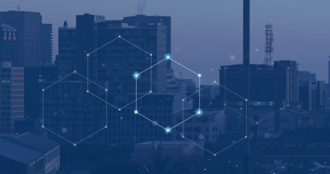 Digital Network Hexagons Overlay Modern Cityscape