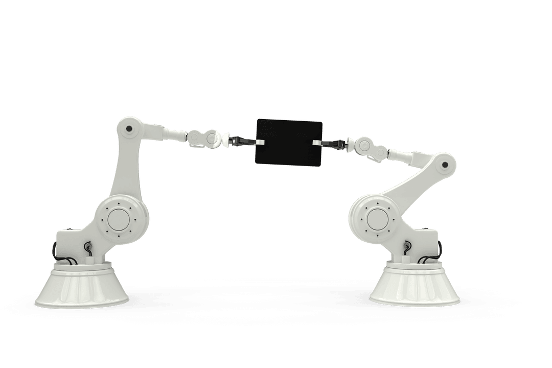 Transparent Robot Arms Holding Tablet on White Background