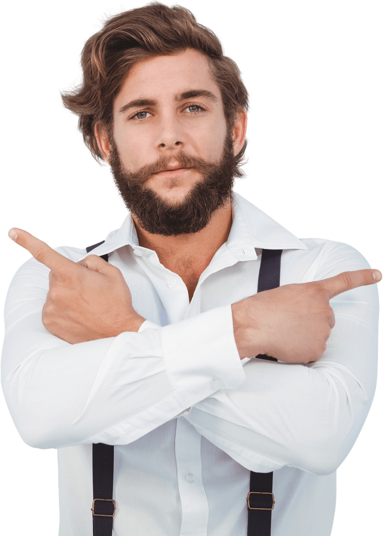 Confident Hipster with Beard Pointing Sideways on Transparent Background