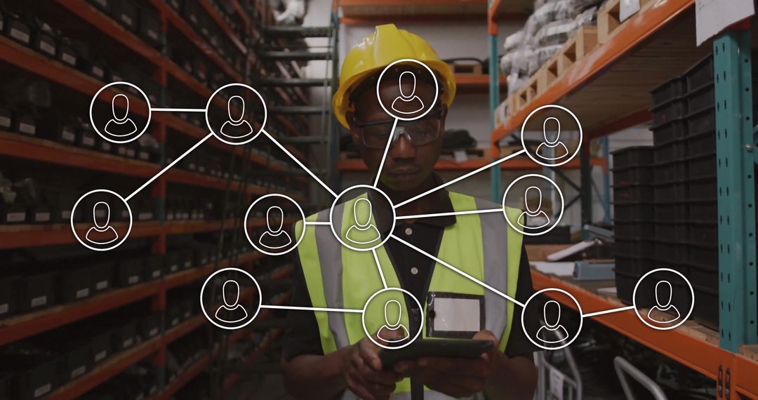 Warehouse Worker Using Tablet for Inventory Management with Network Icons