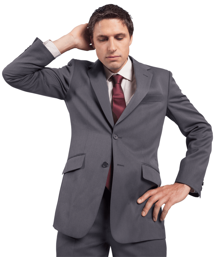 Focused Businessman Thinking in Gray Suit on Transparent Background