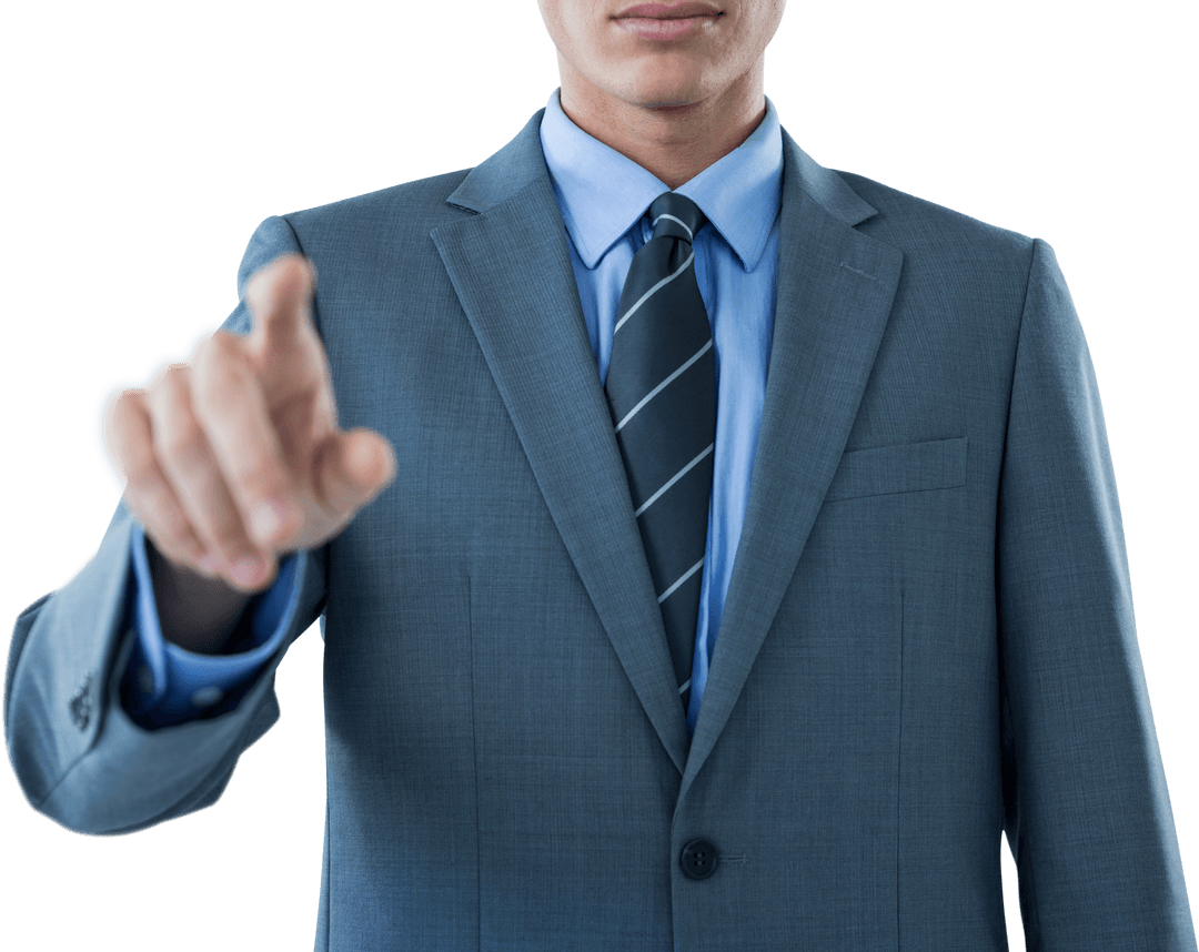 Businessman Confidently Pointing in Transparent Suit and Tie