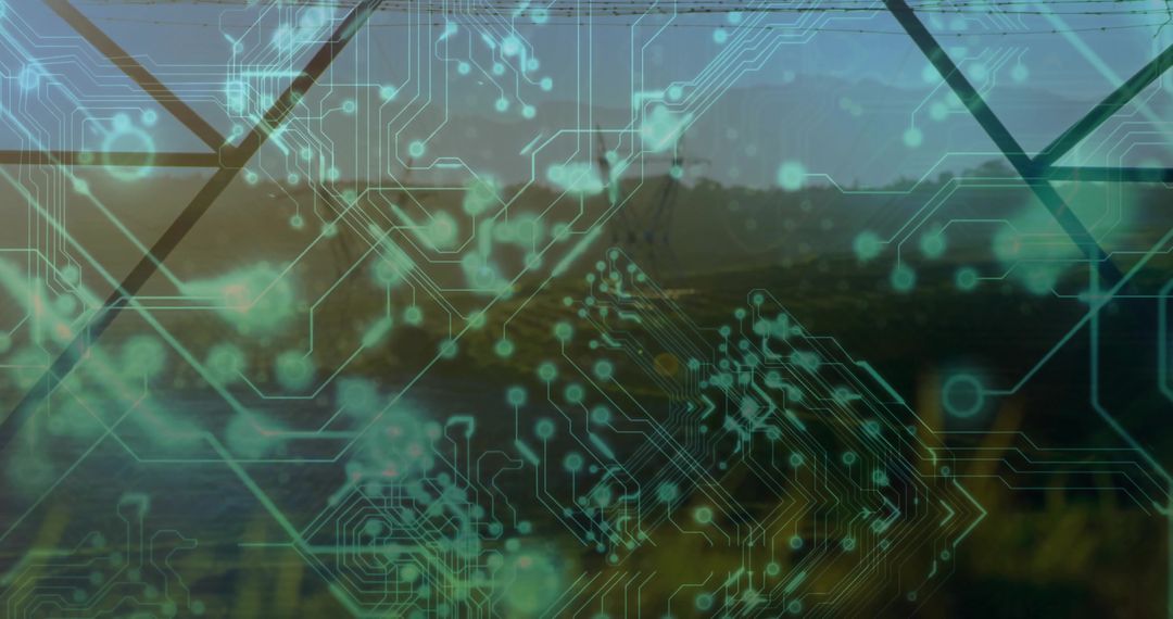 Futuristic Circuit Overlay with Scenic Lake at Sunrise