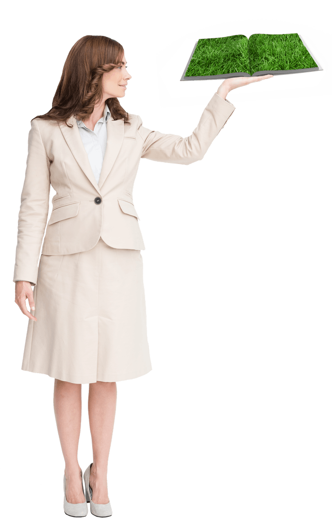 Businesswoman Holding Open Lawn Book on Transparent Background
