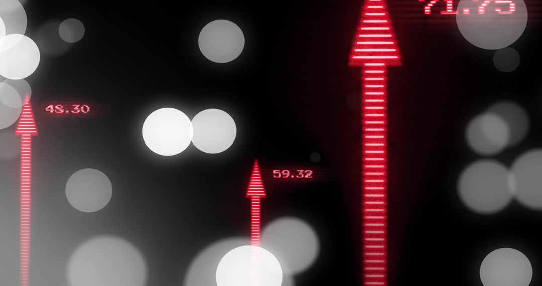 Displaying glowing segmented red arrows signaling upward data trend with bokeh lights