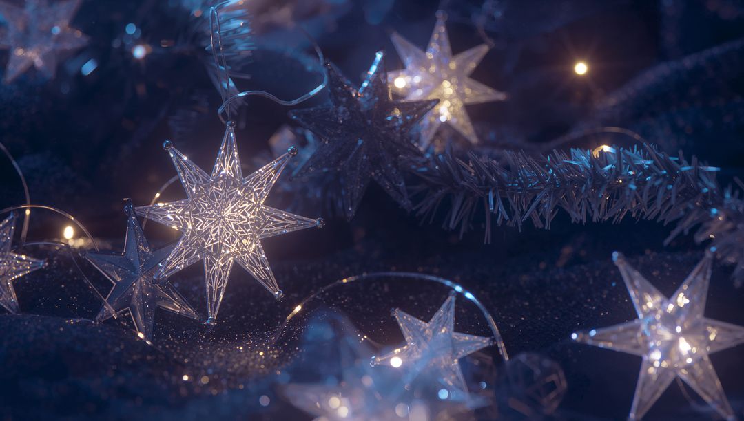 Illuminated Translucent Stars with Tinsel Garland on Glitter Surface