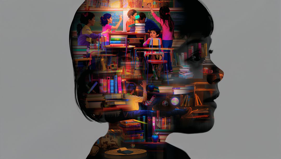 Silhouette of Child Head Encompassing Vibrant Educational Scenes
