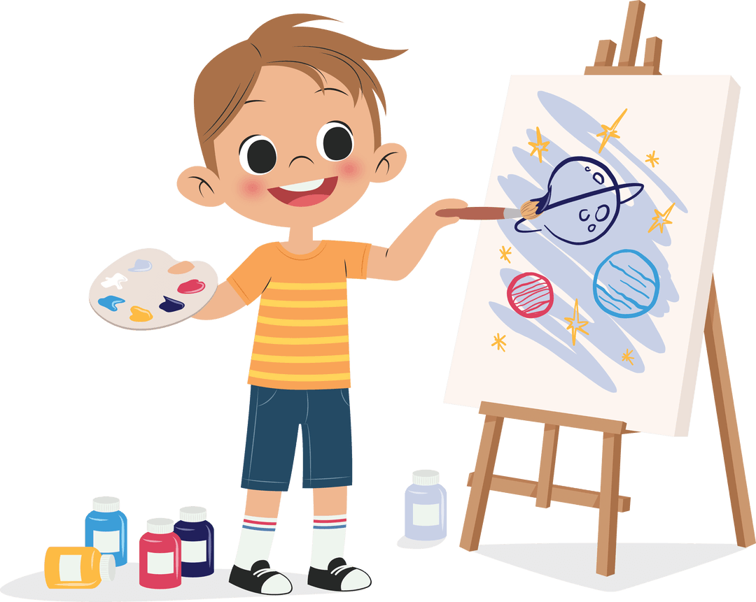 Creative Boy Painting Planets on Transparent Background