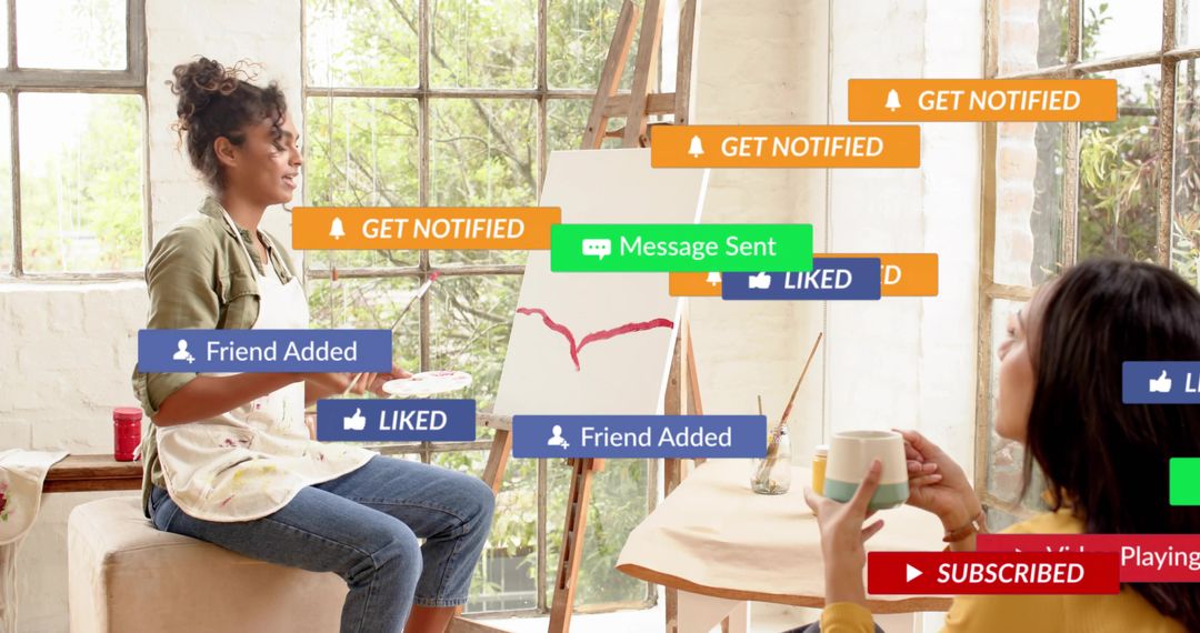 Sunlit Art Studio Collaboration with Painter at Easel and Social Media Notifications