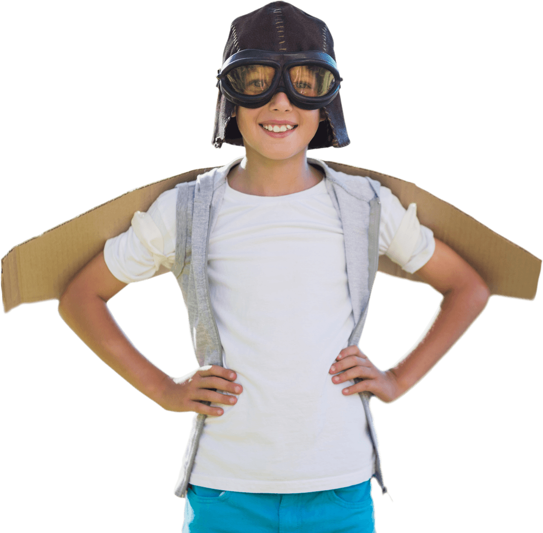 Child Pretending Pilot with Cardboard Wings and Goggles Transparent