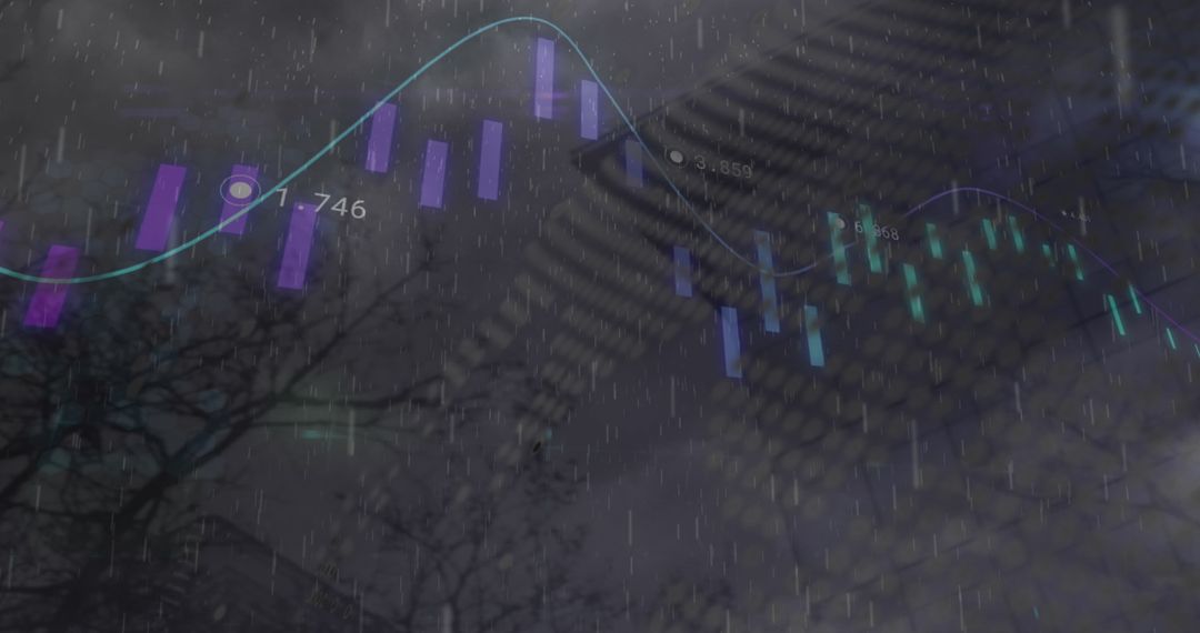 Futuristic Digital Data Analysis in Rainy Urban Setting