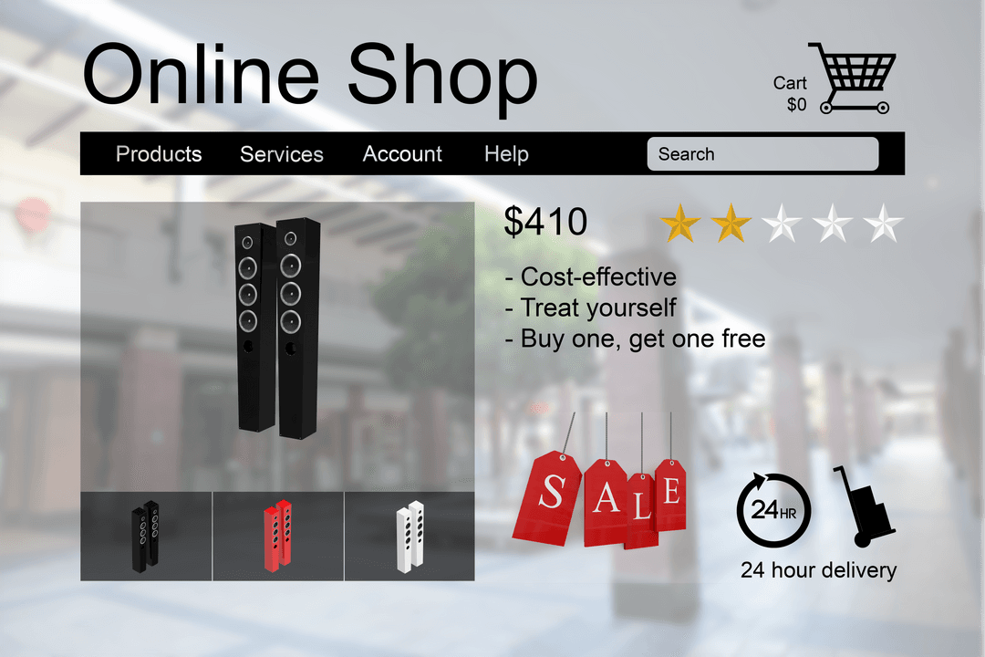 Transparent Online Shop Display with Speaker Sale Banner