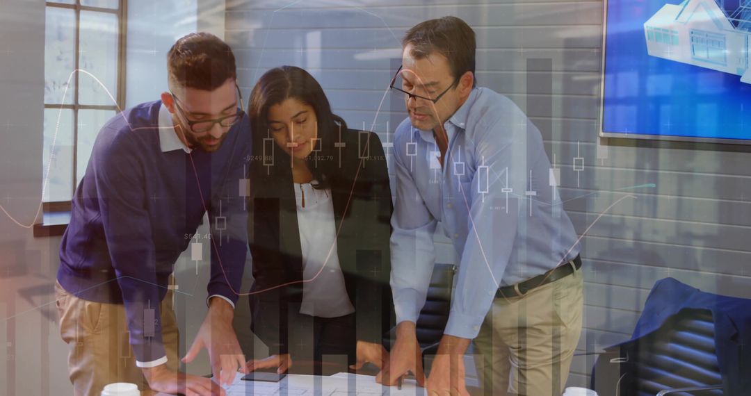 Collaborative Team Analyzing Data with Chart Overlay for Business Insights