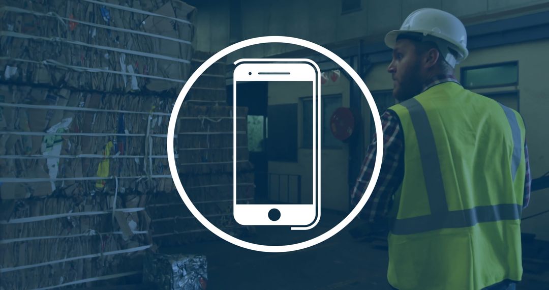 Warehouse Worker with Digital Smartphone Interface Overlay
