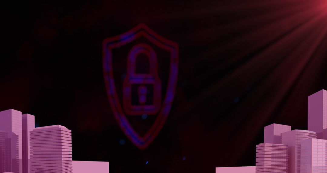Cybersecurity Concept with Padlock Shield Over Cityscape
