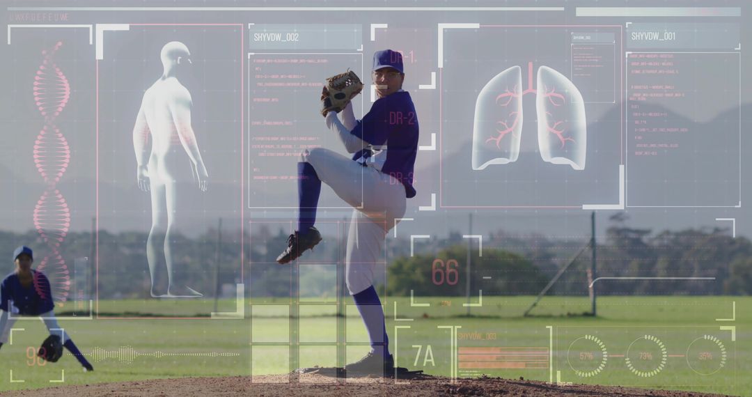 Baseball Pitcher with Digital HUD Overlay Analyzing Performance Technology