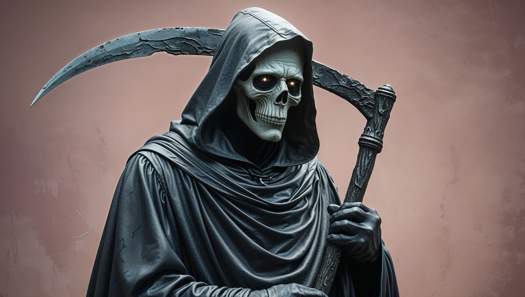Eerie hooded grim reaper holding scythe in dark cloak