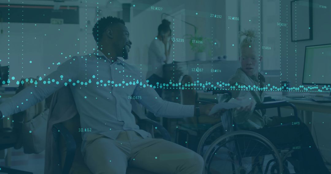 Diverse Team Discussion with Digital Data Visualization Overlay