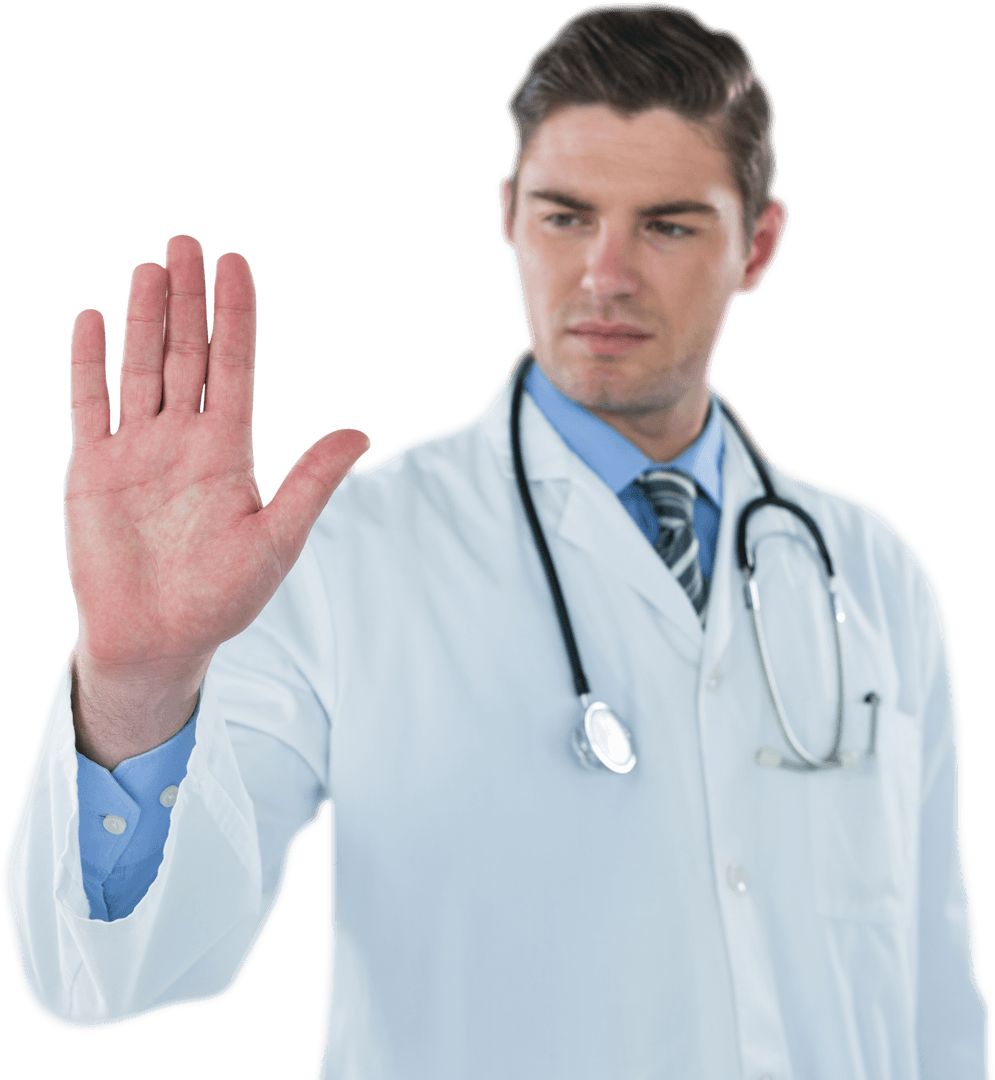 Professional Male Doctor Touching Transparent Virtual Screen