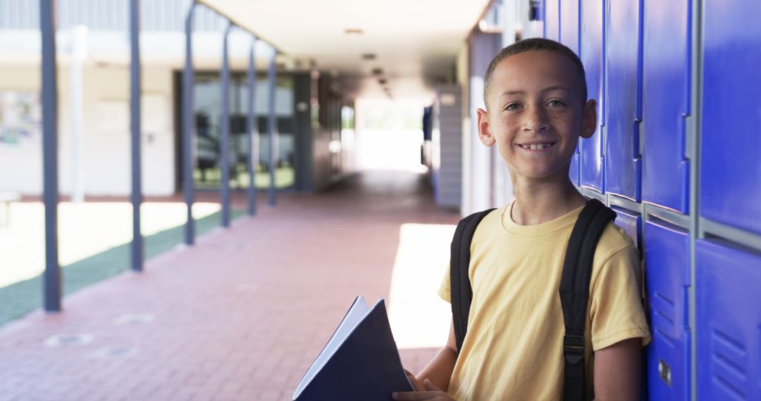 Smiling Boy with Backpack by Lockers in School Corridor