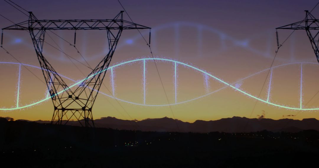 Glowing DNA Helix Overlaying High-Voltage Pylon at Dusk Energy Technology Concept
