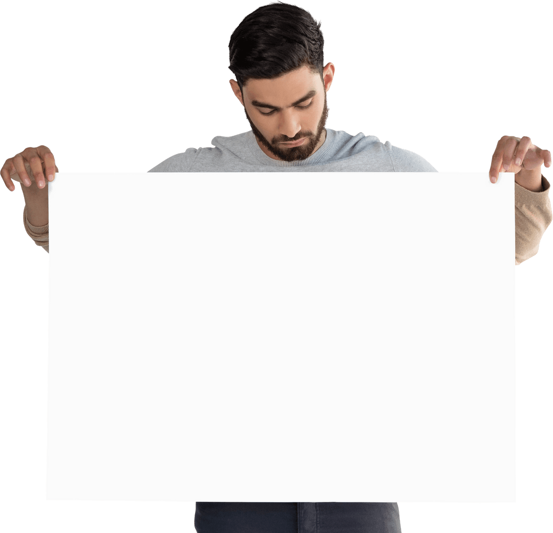 Man Holding Blank Transparent Sign with Focused Expression