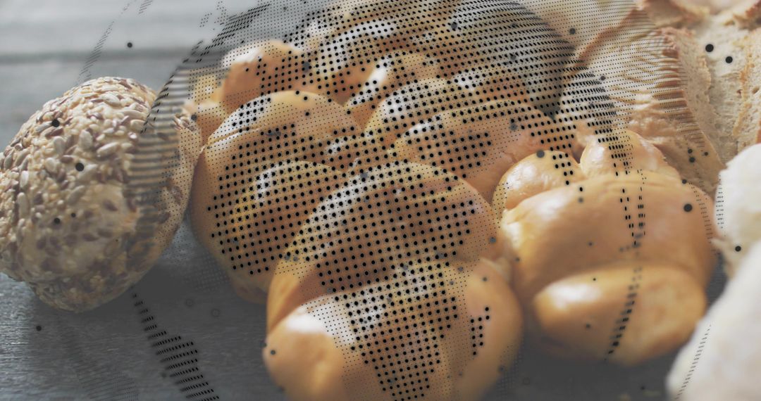 Braided golden-brown loaf with seeded multigrain roll on rustic table with halftone overlay