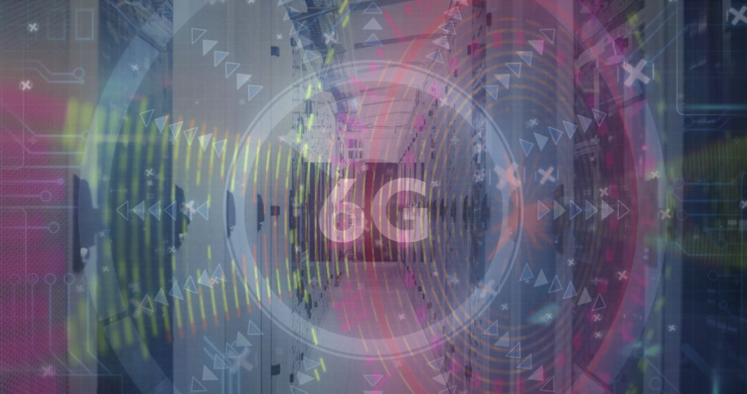 6G Technology Overlays on Server Room Background Scene