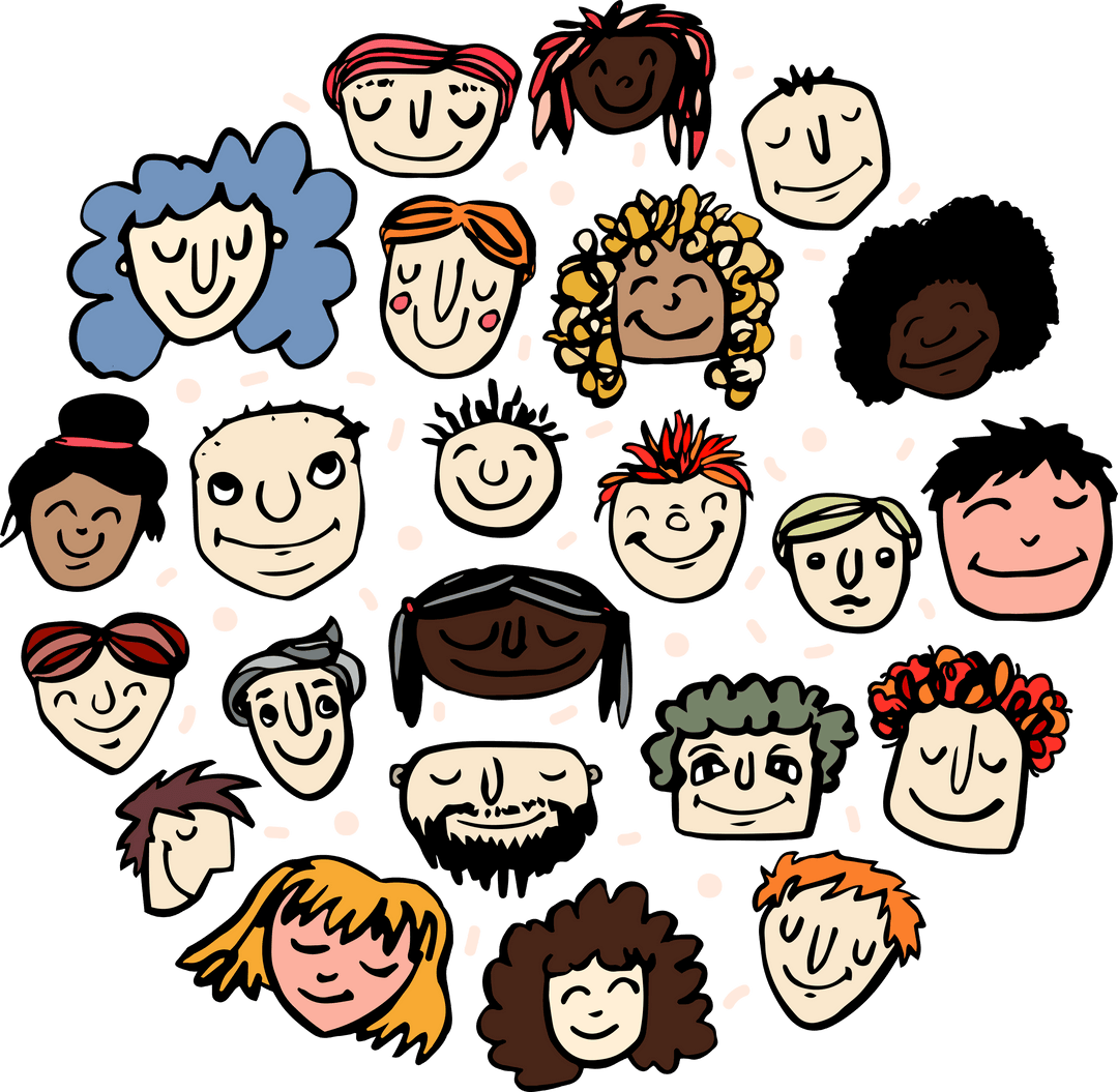 Colorful Circle of Diverse Cartoon Faces on Transparent Background