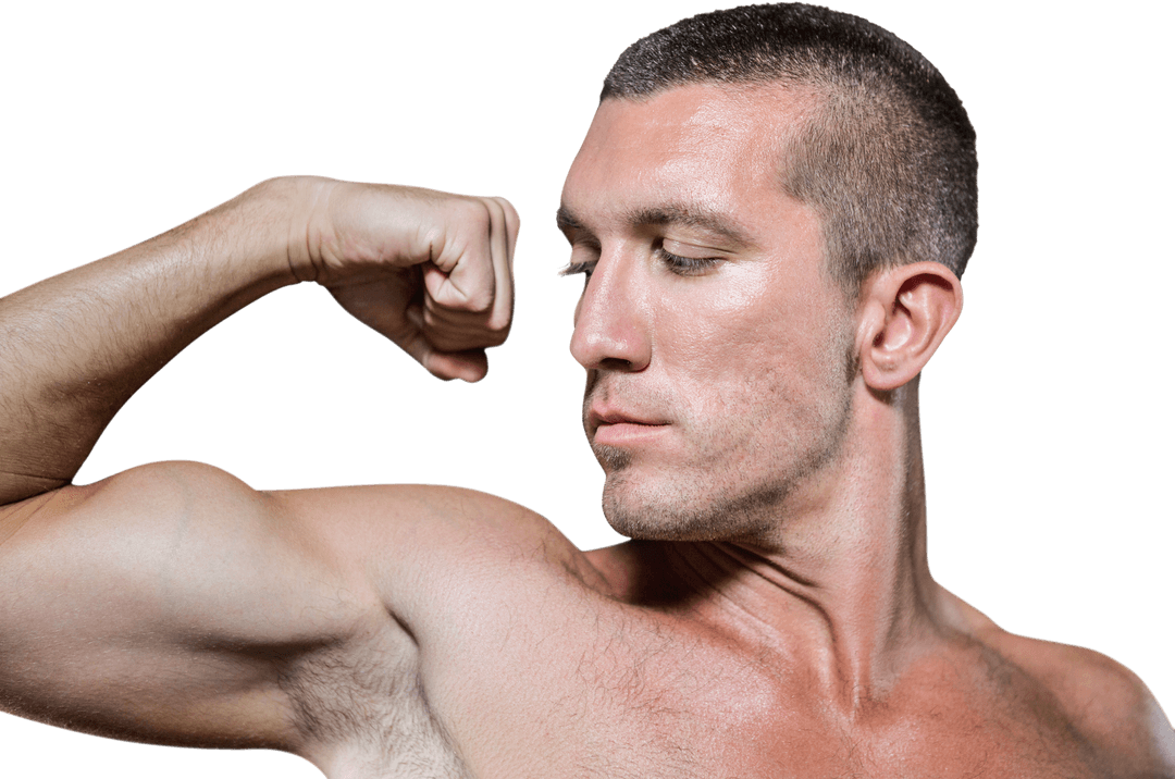 Muscular Shirtless Man Flexing Arm Muscles on Transparent