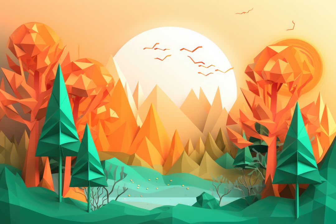 Origami landscape with trees, birds and sun, created using generative ai technology - Free Images, Stock Photos and Pictures on Pikwizard.com