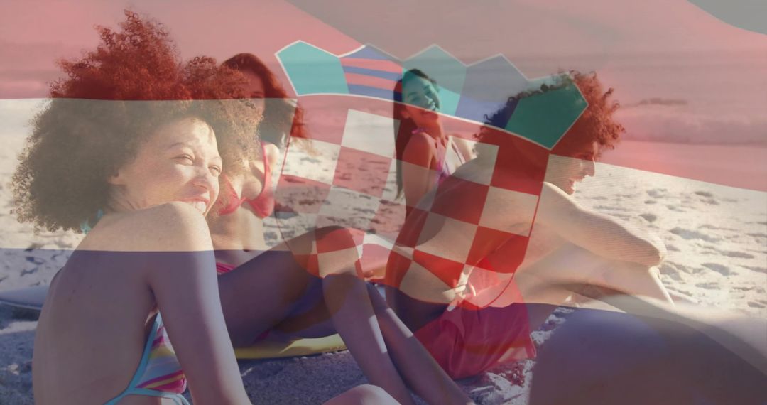 Group of Friends Smiling on Beach with Flag Overlay