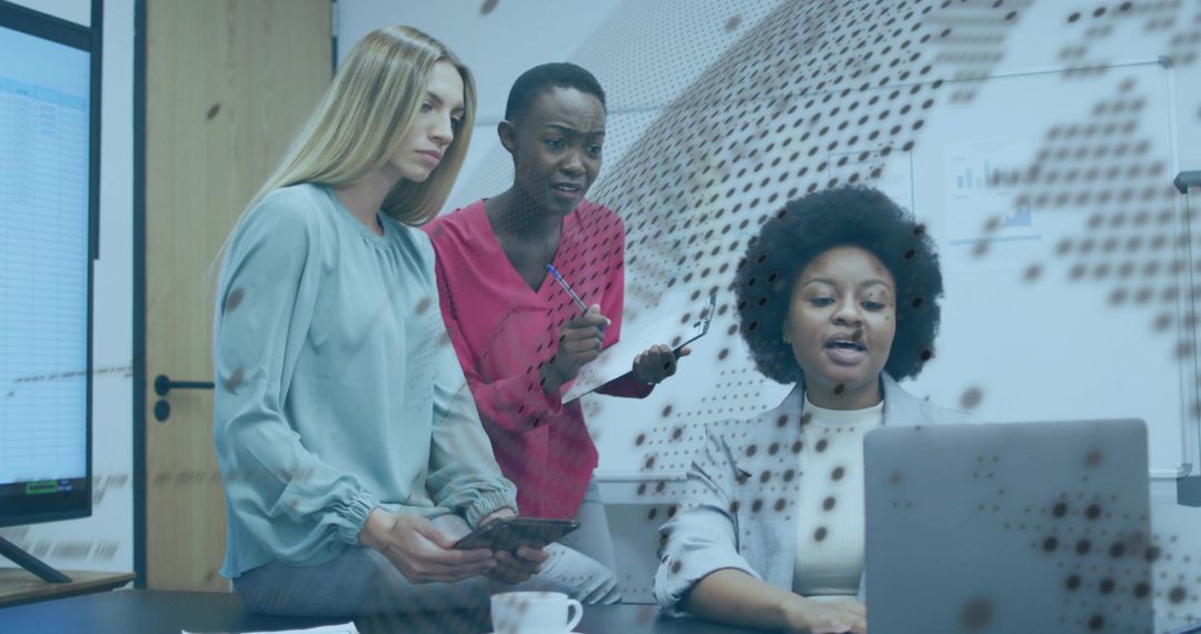 International Team Analyzing Data with Digital Overlay