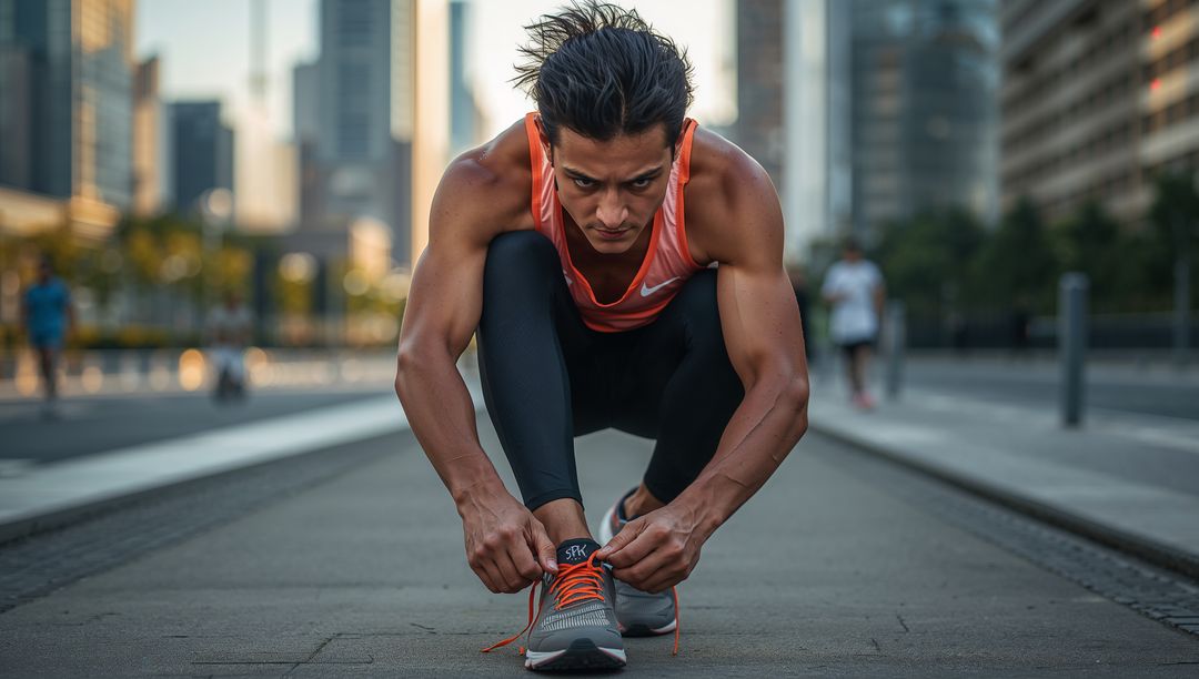 Focused Runner Tying Shoe Laces on Urban Pathway