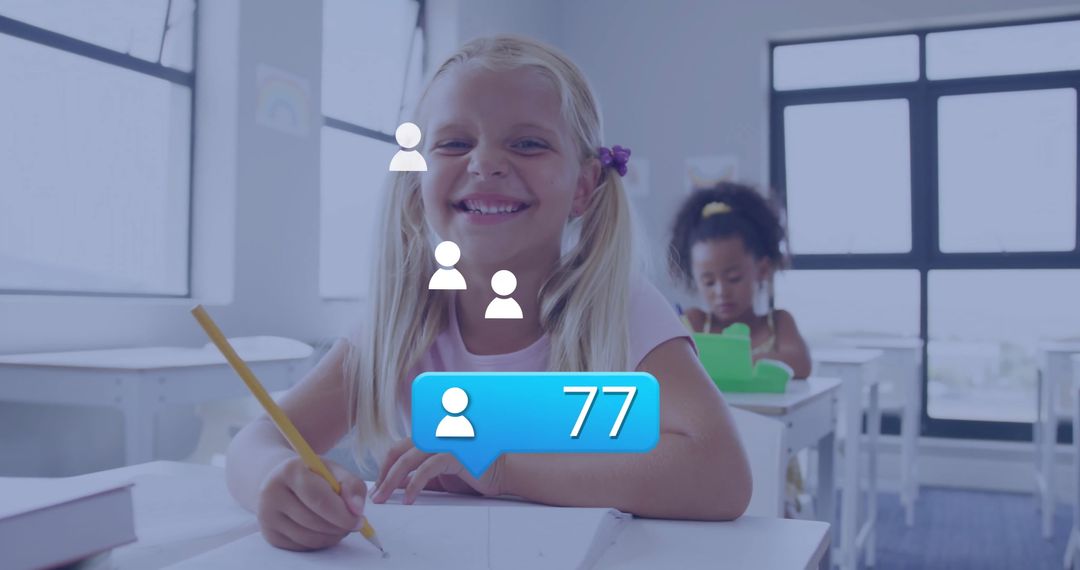 Smiling Girl in Classroom with Social Media Icons Overlay