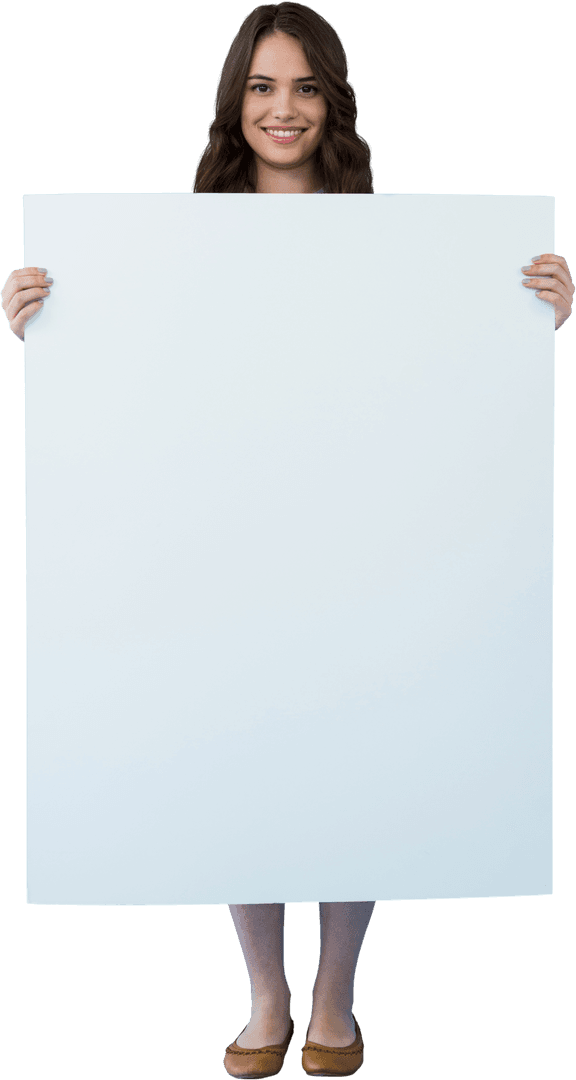 Smiling Woman Holding Blank Transparent Placard