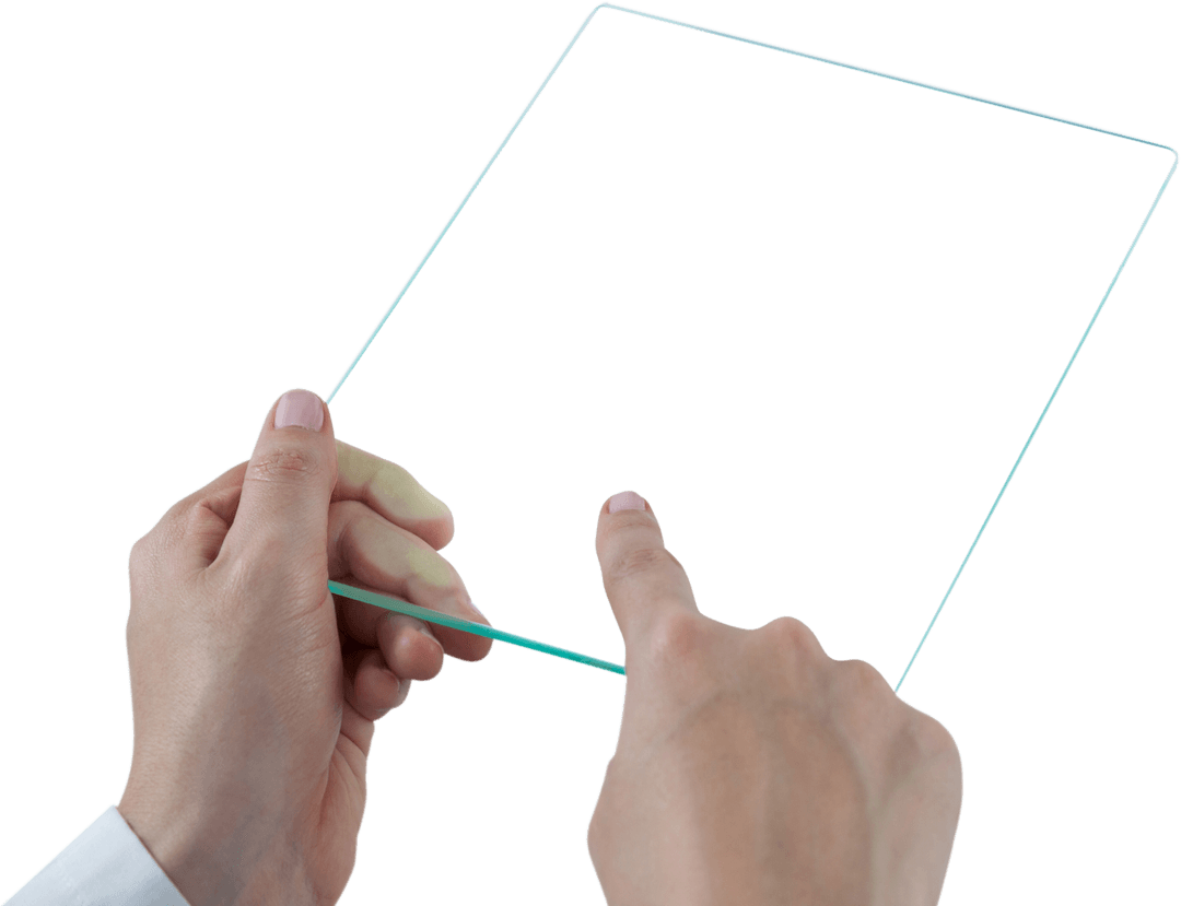Hands Holding Transparent Tablet Simulating Futuristic Touchscreen