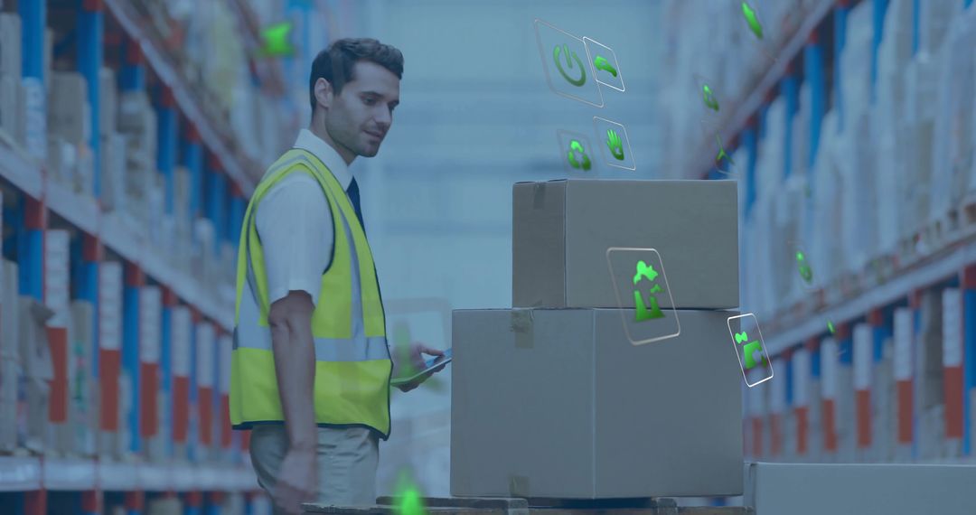 Warehouse Worker Inspecting Boxes With Digital Innovation