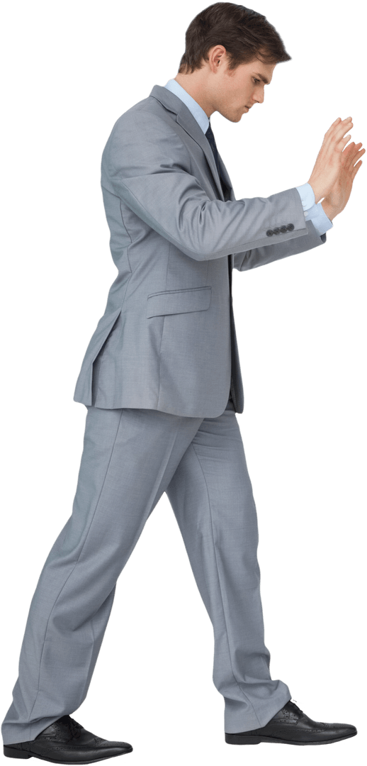 Businessman in Suit Pushing Invisible Barrier Transparent Background