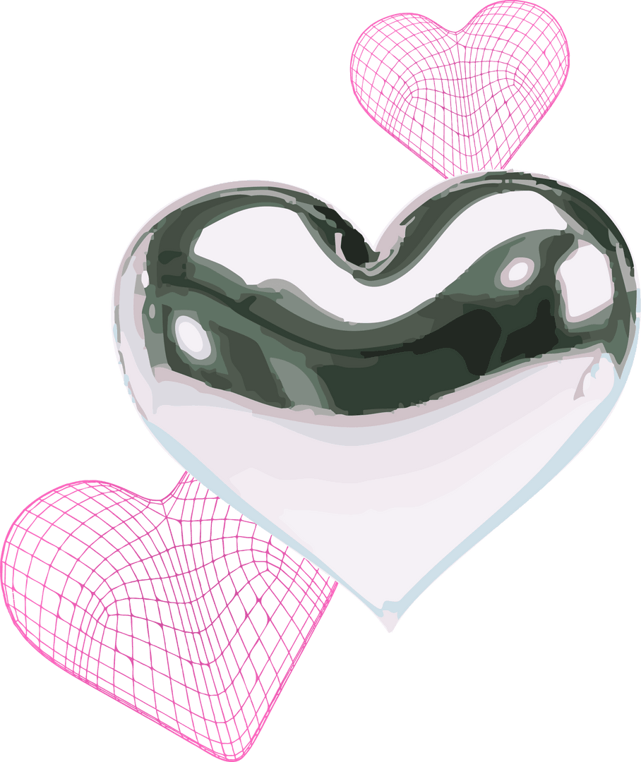 Floating Silver and Magenta Wireframe Hearts on Transparent Background