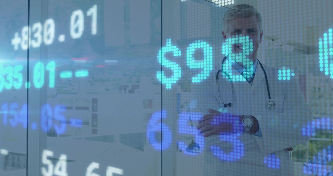 Doctor Reflected in Financial Ticker Displaying Digital Innovation