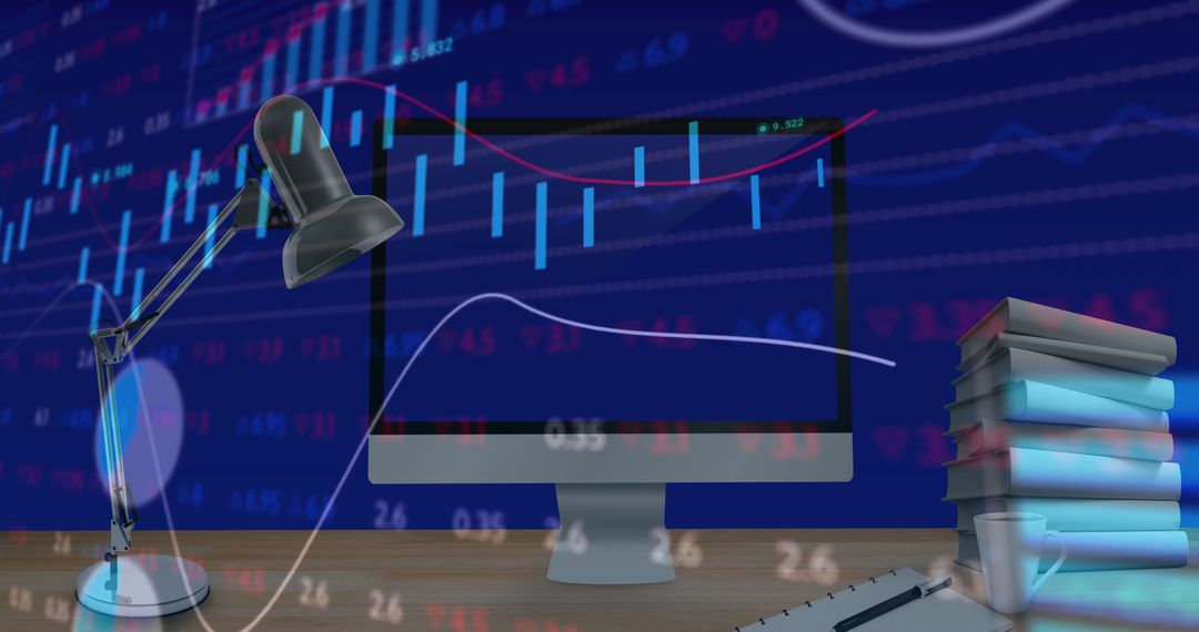 Stock Market Analysis: Desk Setup with Computer and Charts