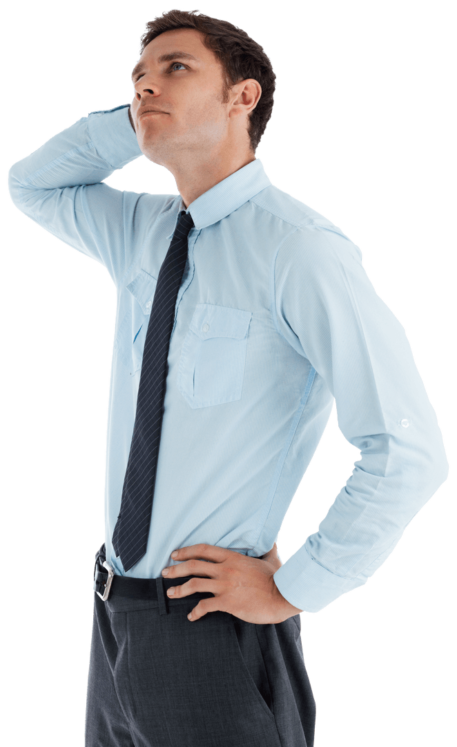Thoughtful Businessman in Blue Shirt Looking Upward on Transparent Background