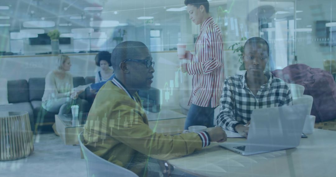 Diverse Team Brainstorming in Contemporary Office with Financial Data Overlay