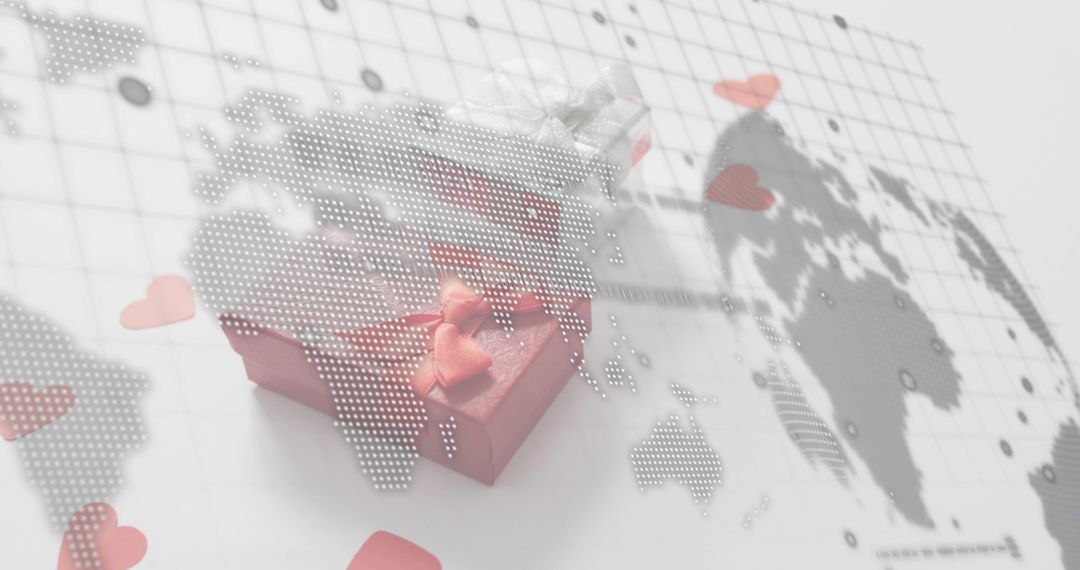 Global Romance Concept showing Pink Gift Box on World Map Overlay with Hearts