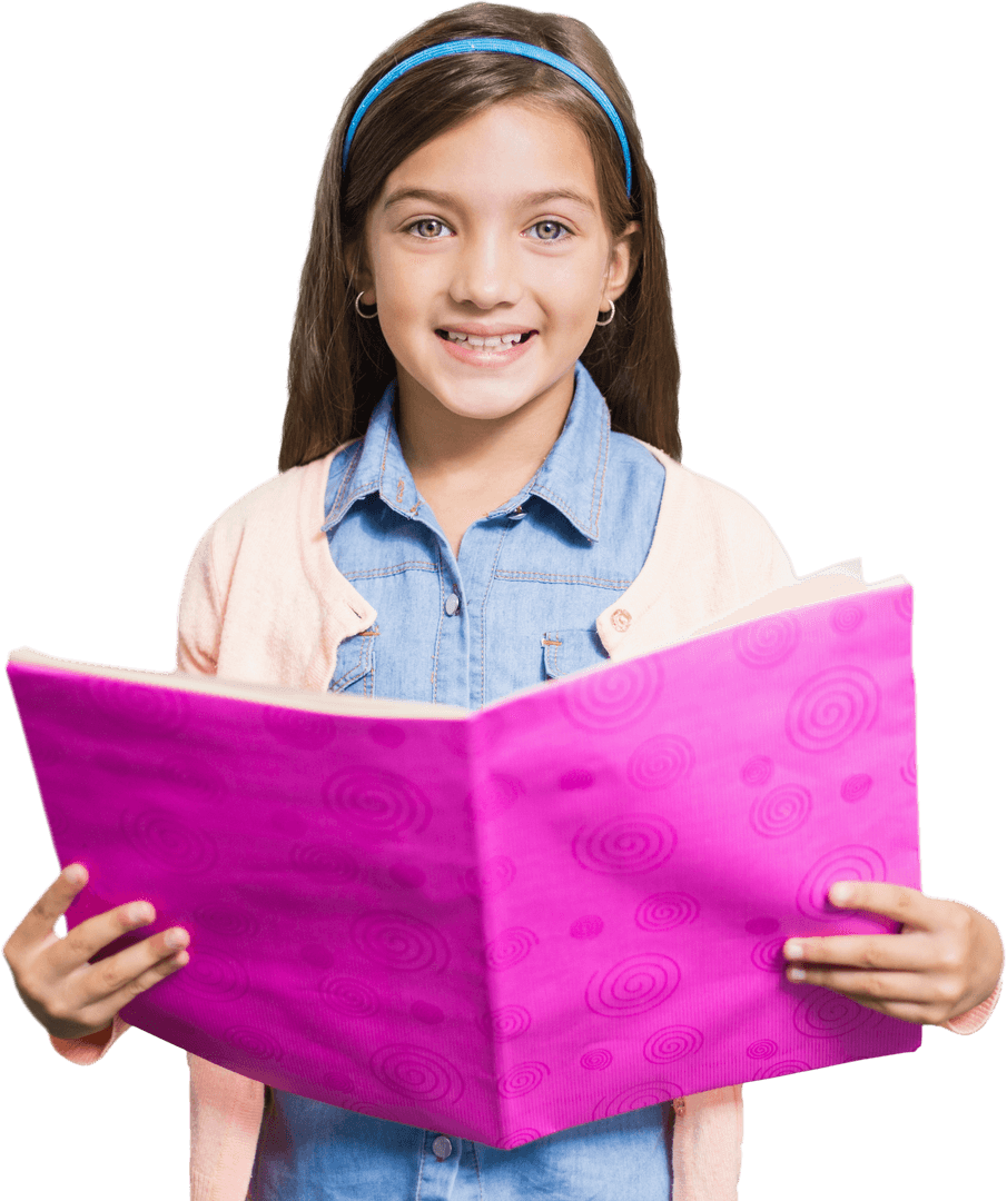 Smiling Young Girl Holding Pink Binder in Transparent Background