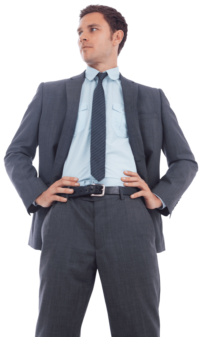 Transparent Confident Businessman Standing with Hands on Hips, Wearing Suit